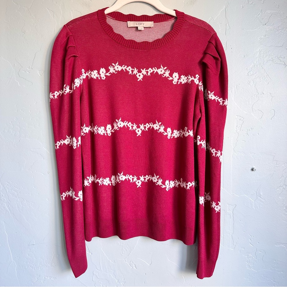 LOFT Women's Berry Red Feminine Spring‎ Sweater White Floral Stripes Medium EUC